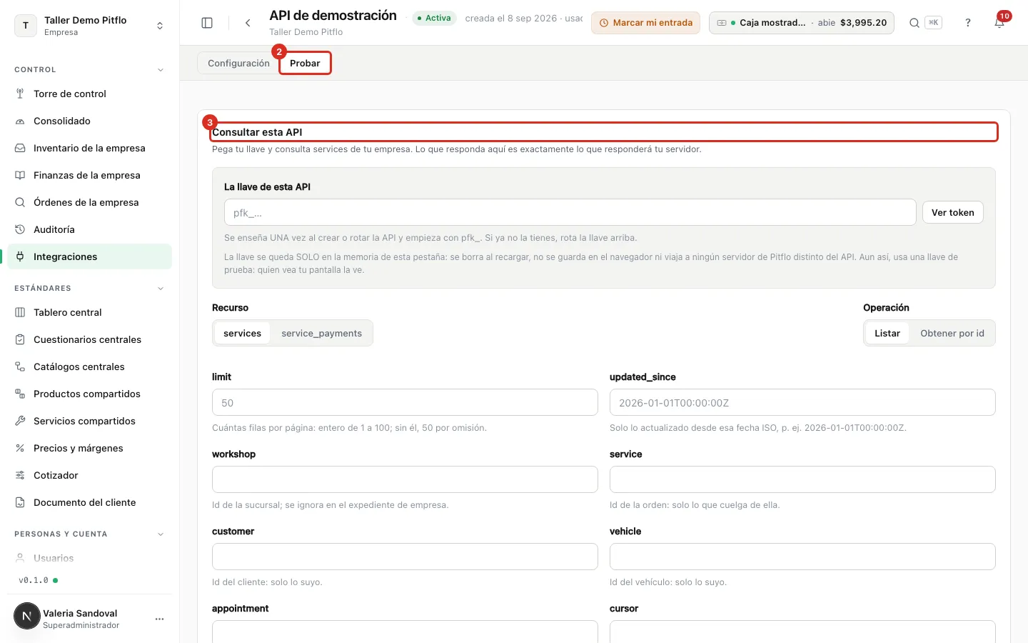 La pestaña Probar con el bloque Consultar esta API