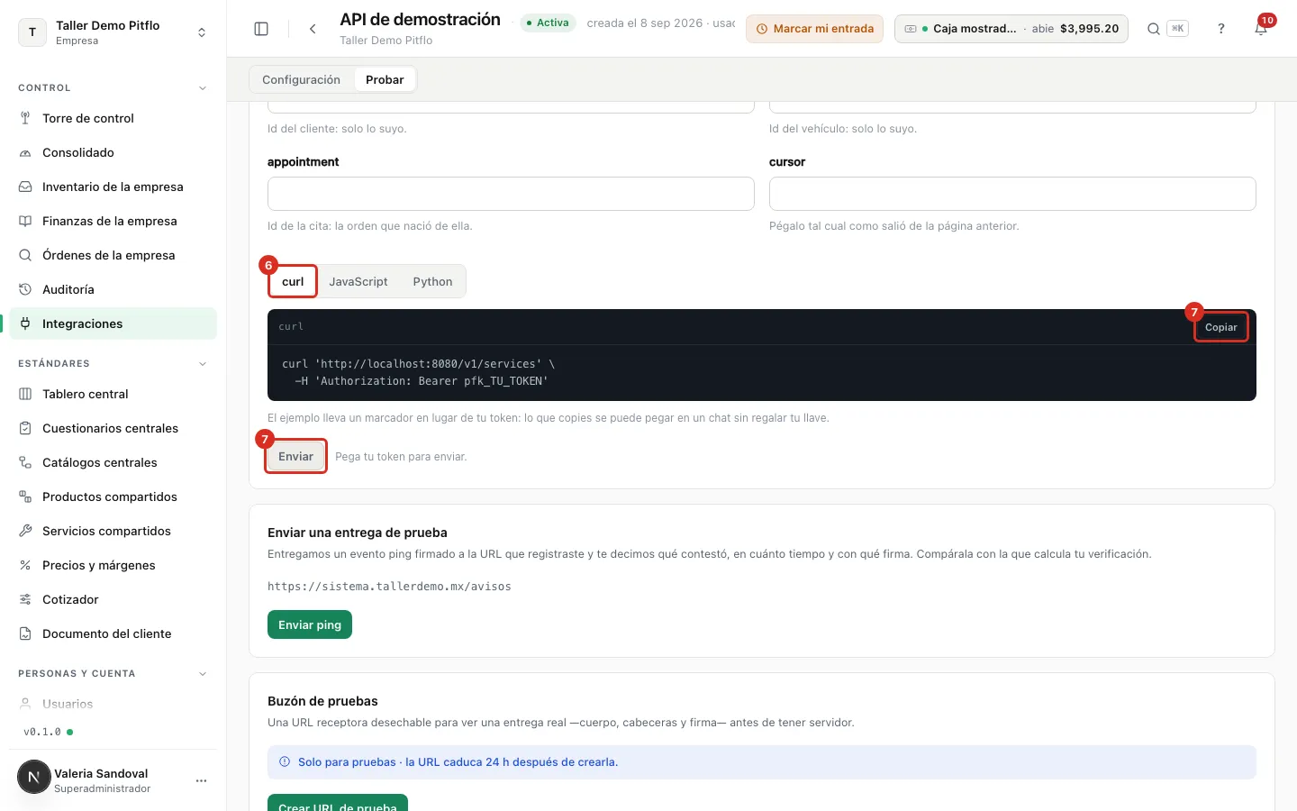 El ejemplo en curl, Copiar la petición y el botón Enviar
