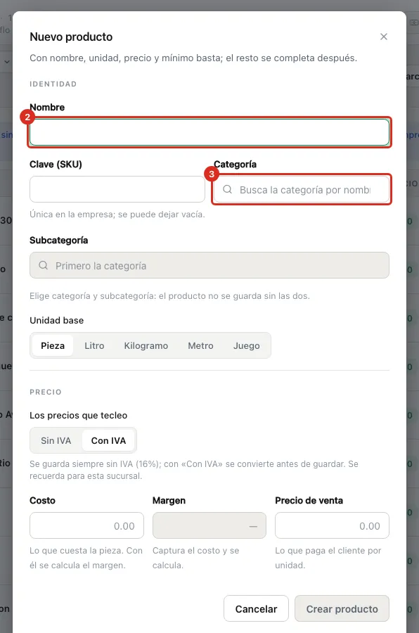 Nombre, categoría y subcategoría del producto