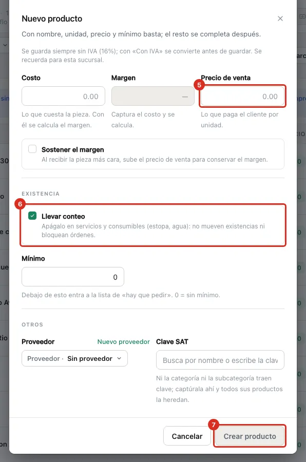 Precio, conteo y botón Crear producto