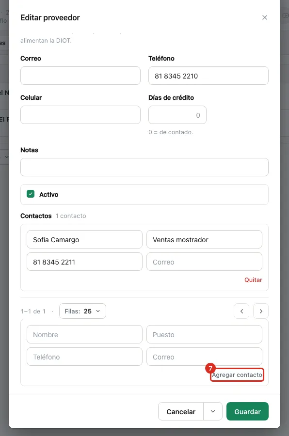 Contactos del proveedor