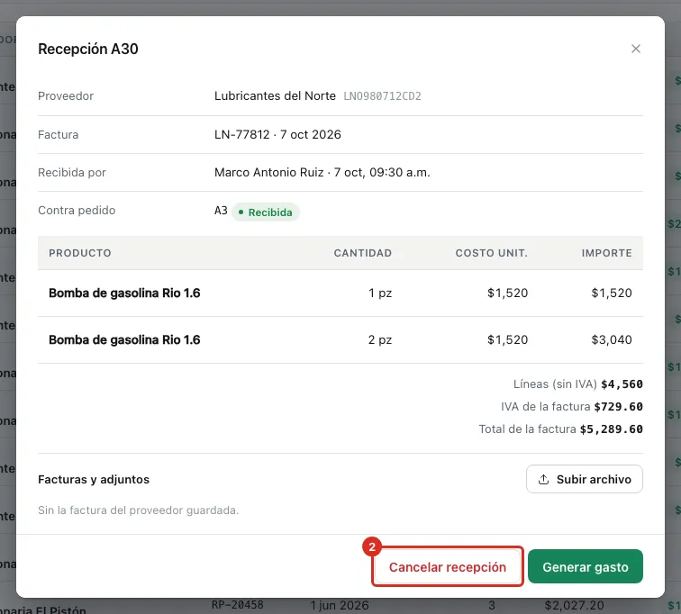 La ficha de la compra y su botón Cancelar recepción