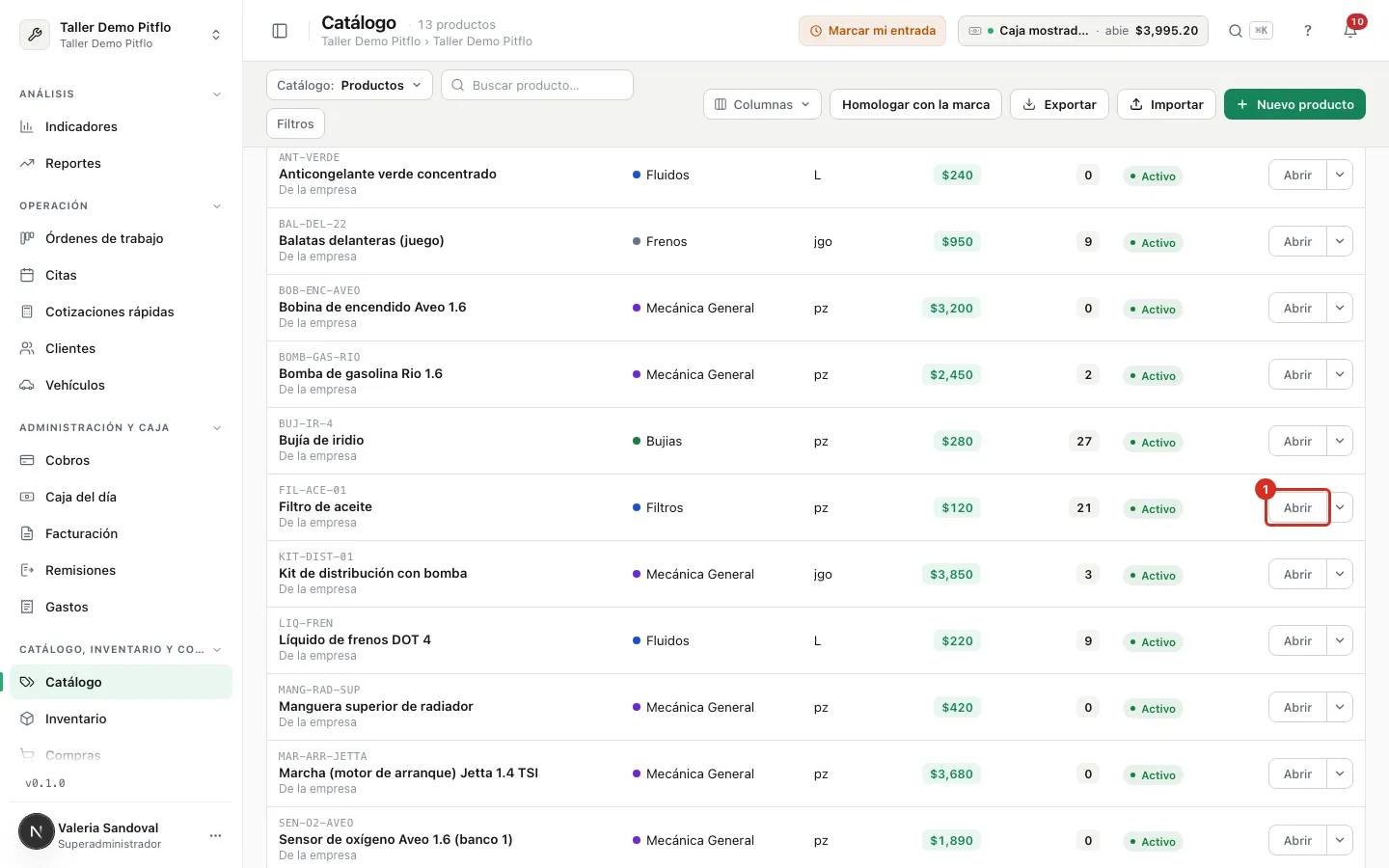 Abrir la ficha desde el renglón del producto