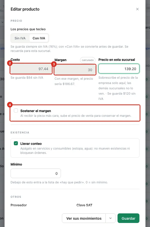 Costo, margen y precio en una fila