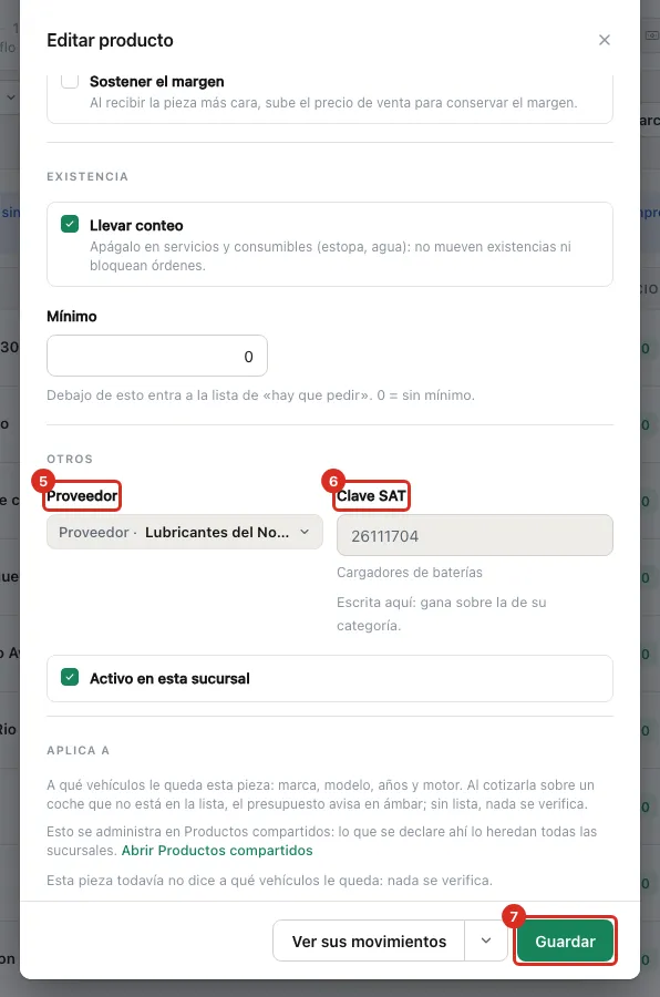Proveedor, Clave SAT y el botón Guardar