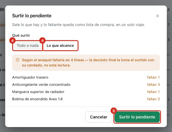 La ventana Surtir lo pendiente con sus dos modos