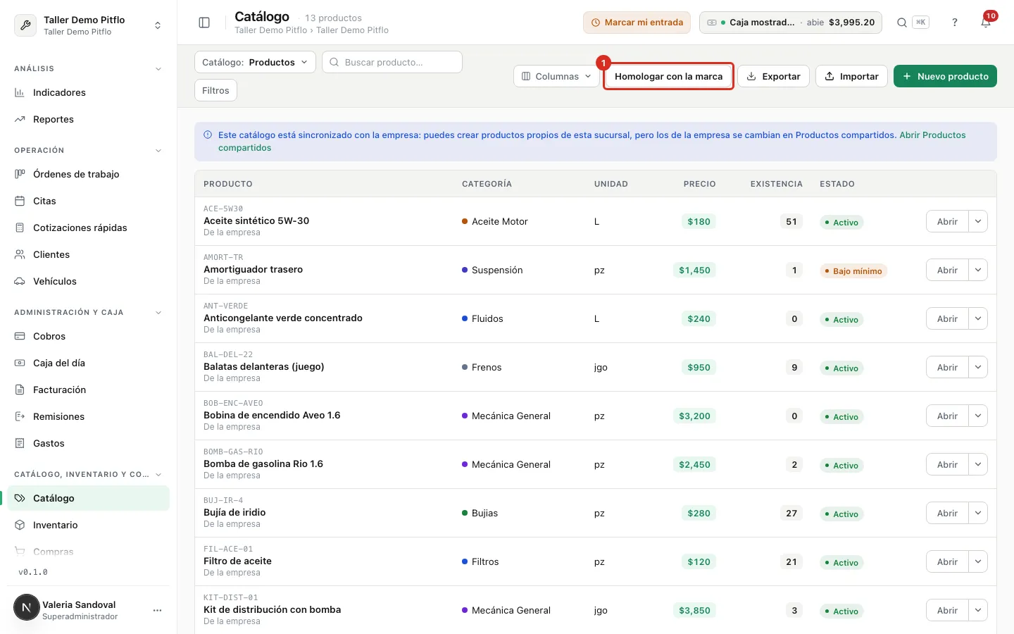 El botón Homologar con la marca en el catálogo