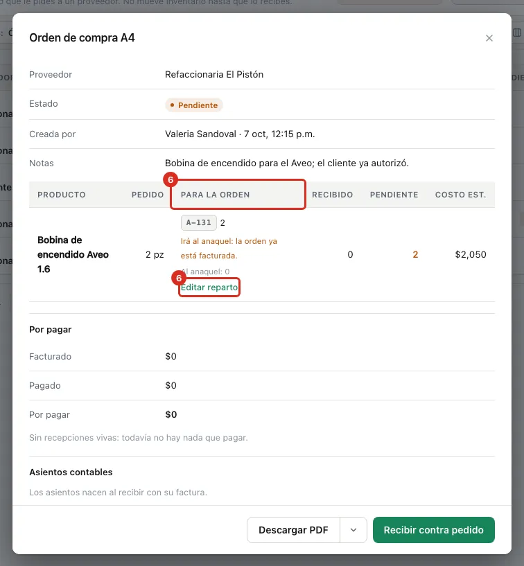 La ficha del pedido con la columna Para la orden y Editar reparto
