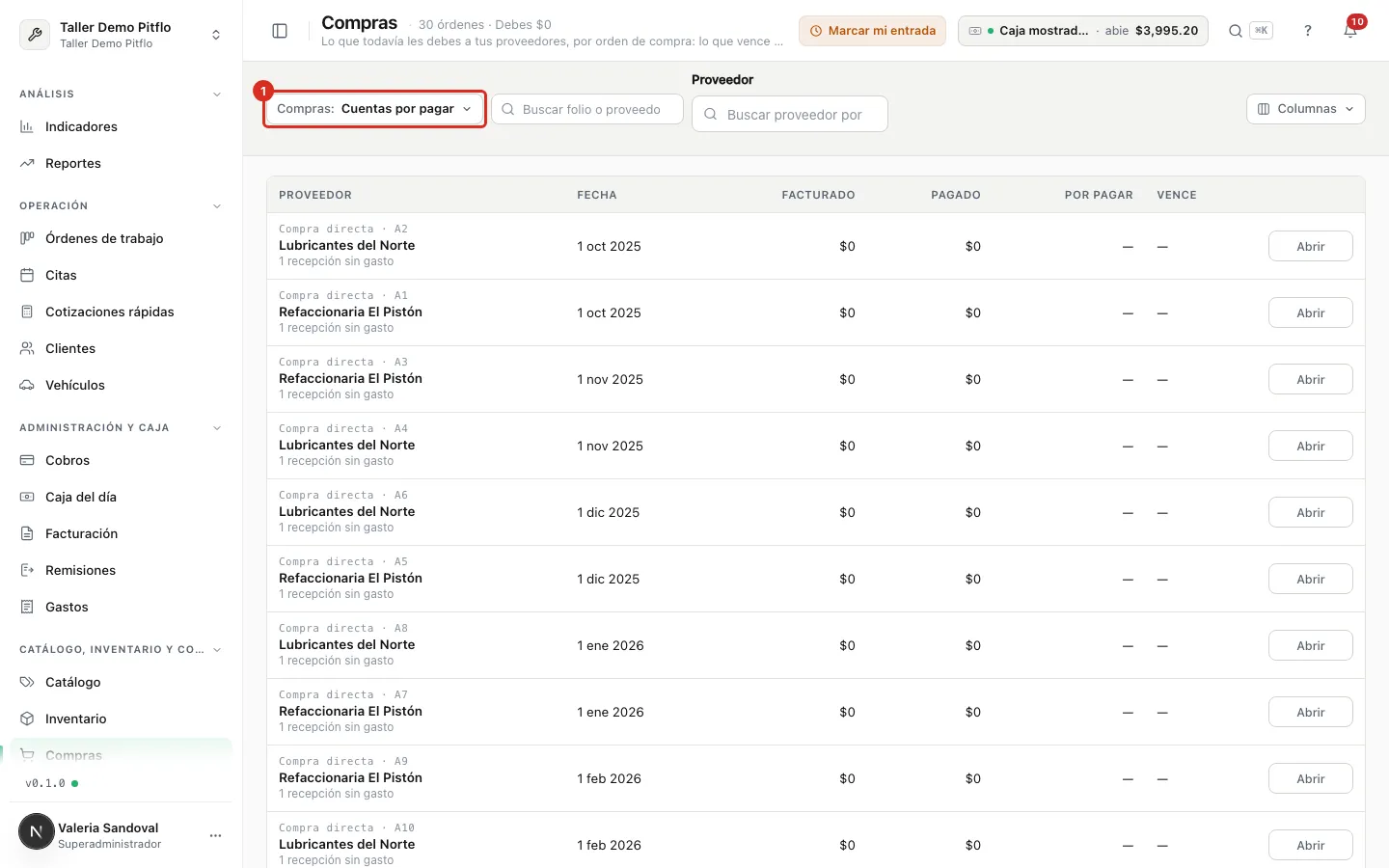 La vista Cuentas por pagar en el selector de Compras