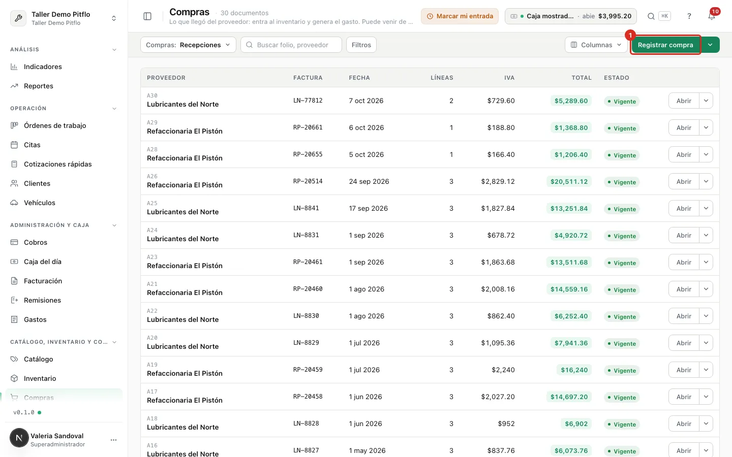 Botón Registrar compra en Recepciones