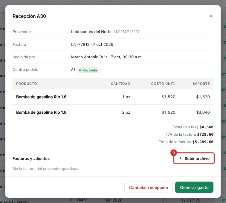 Facturas y adjuntos en la ficha de la compra