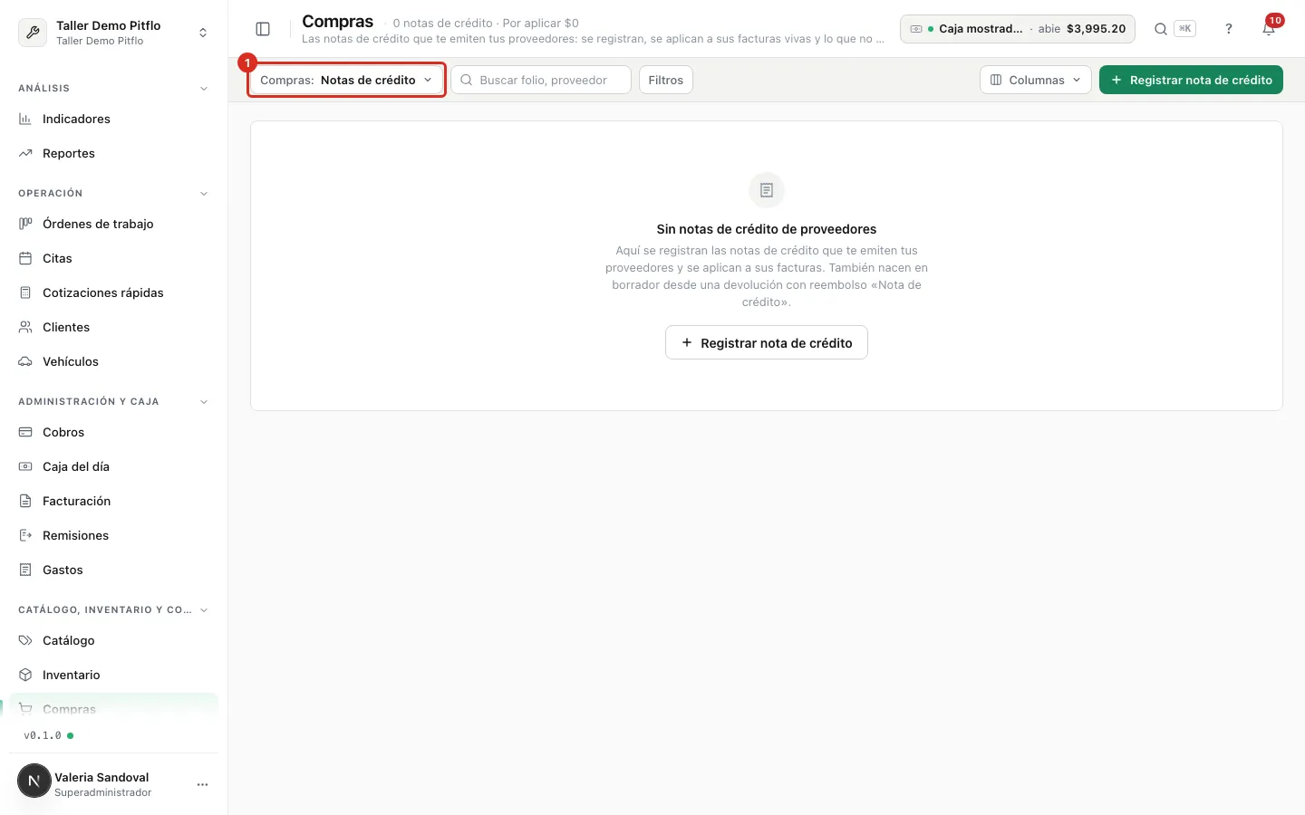 La vista Notas de crédito en el selector de Compras