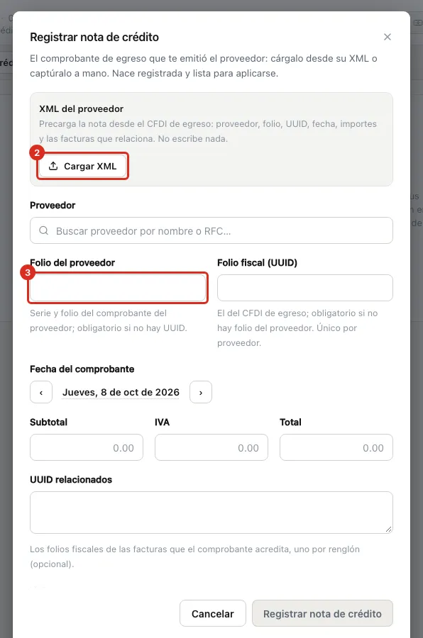 El alta de la nota de crédito con Cargar XML