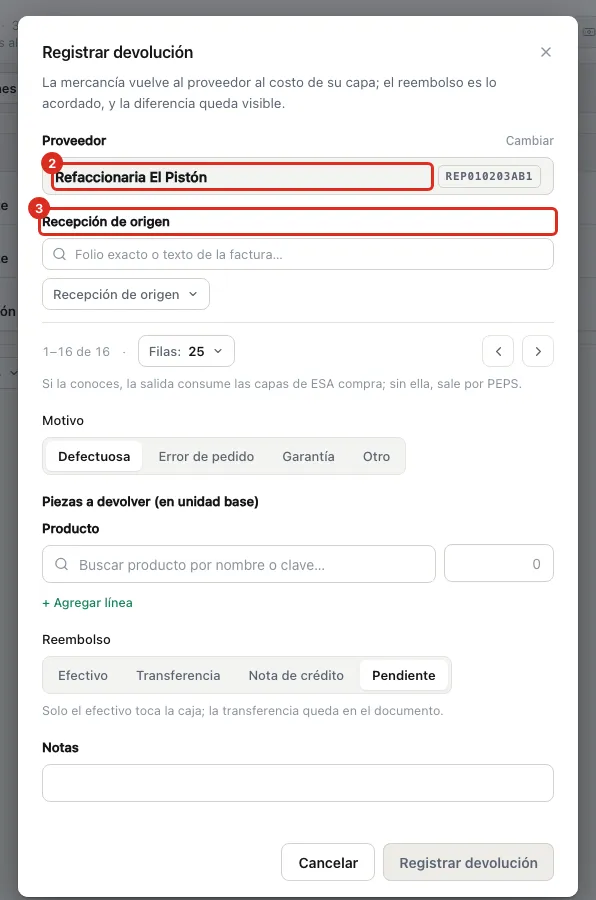 El alta de la devolución, con su recepción de origen