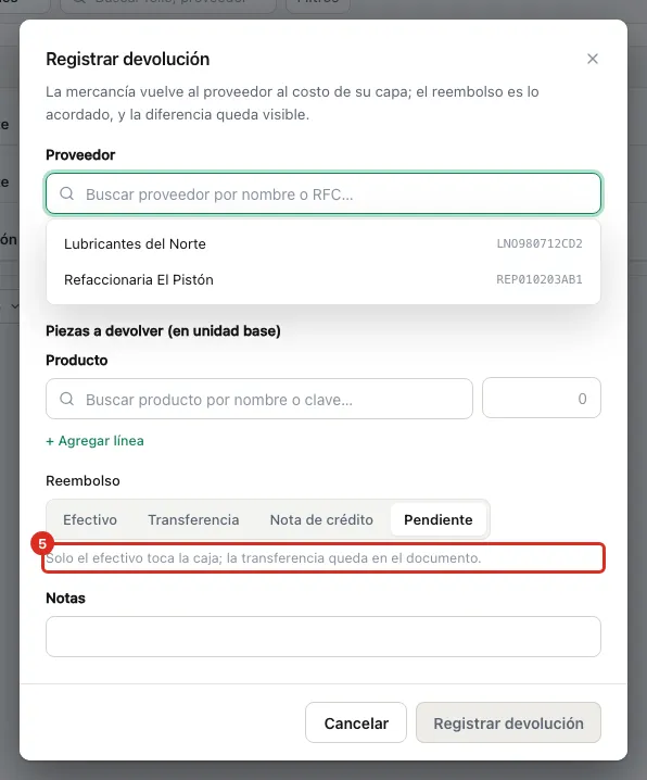 La forma del reembolso y el botón Registrar devolución