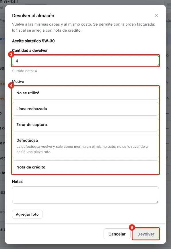 Diálogo Devolver al almacén