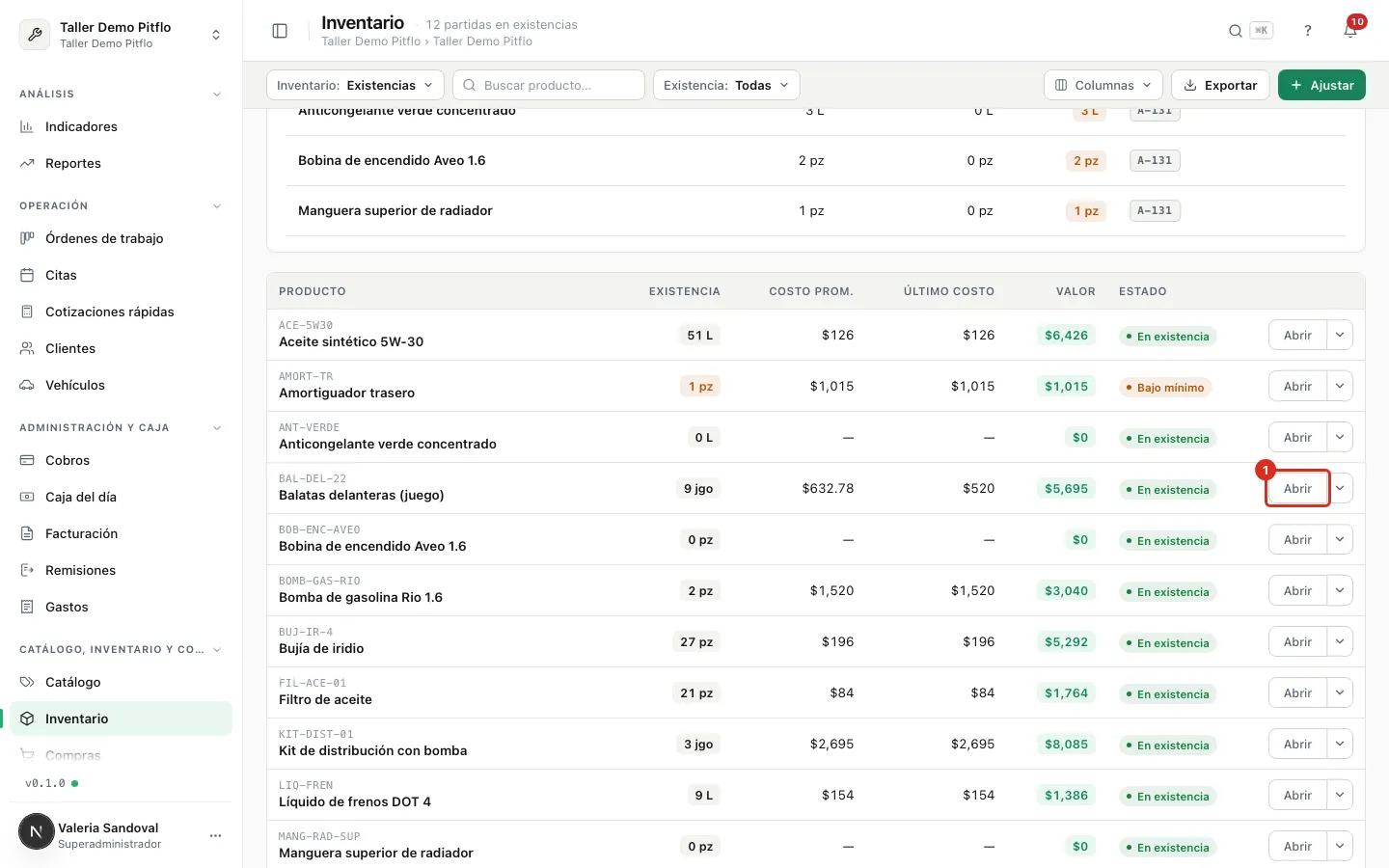 Abrir el detalle de un producto en Existencias
