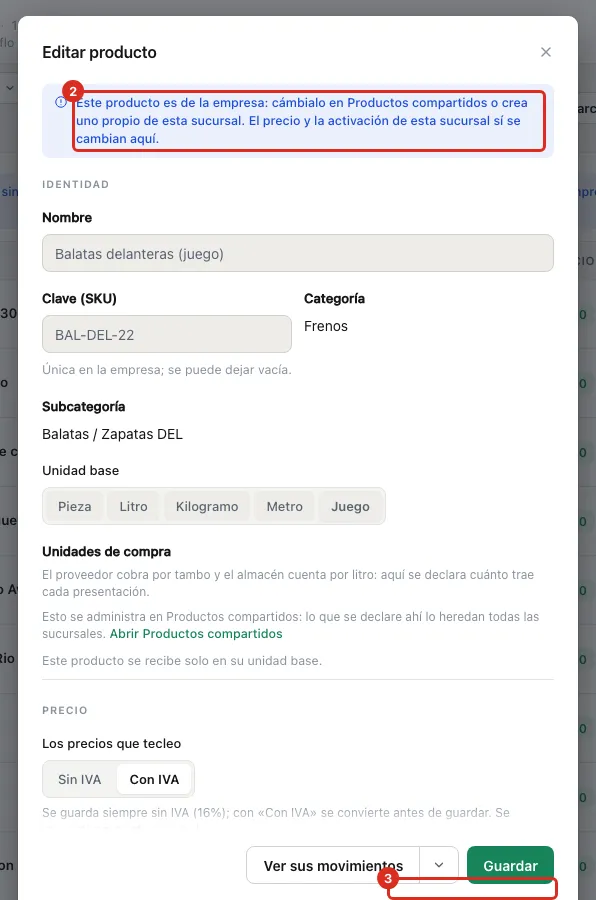 La ficha de un producto de la empresa, con su precio local