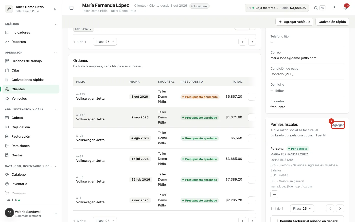 Panel Perfiles fiscales de la ficha del cliente