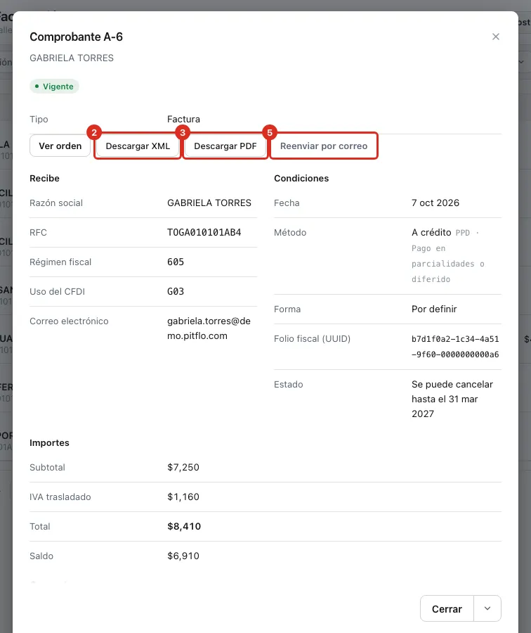 Botones de descarga y reenvío en la ficha del comprobante