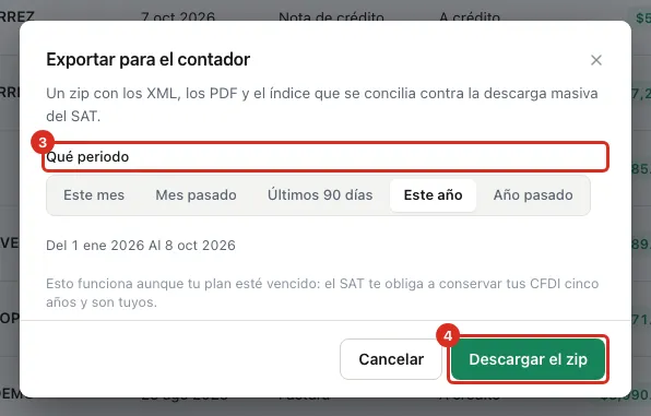 Diálogo Exportar para el contador