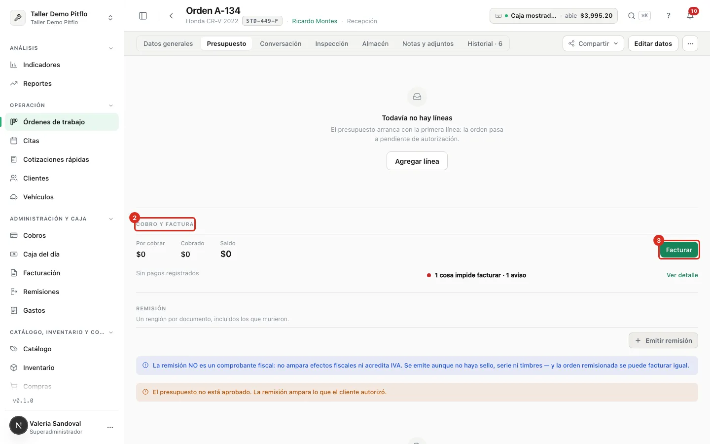 Botón Facturar en Cobro y factura