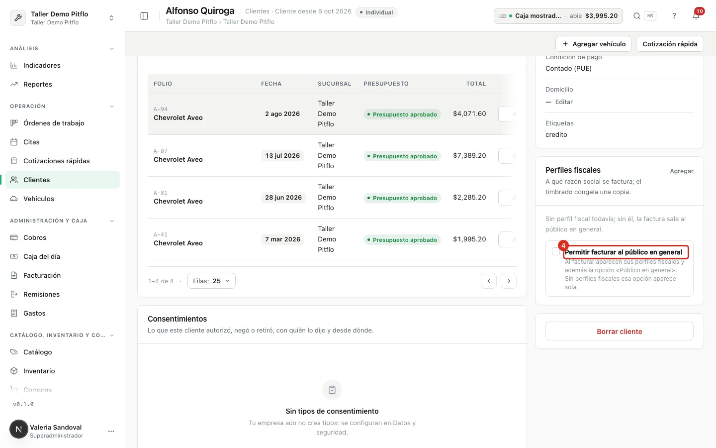 Interruptor en la ficha del cliente