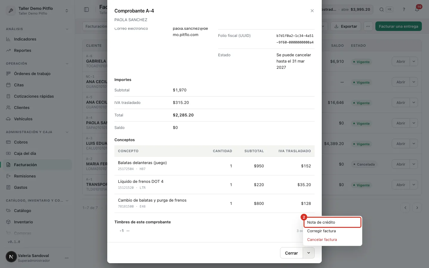 Nota de crédito en el menú del comprobante