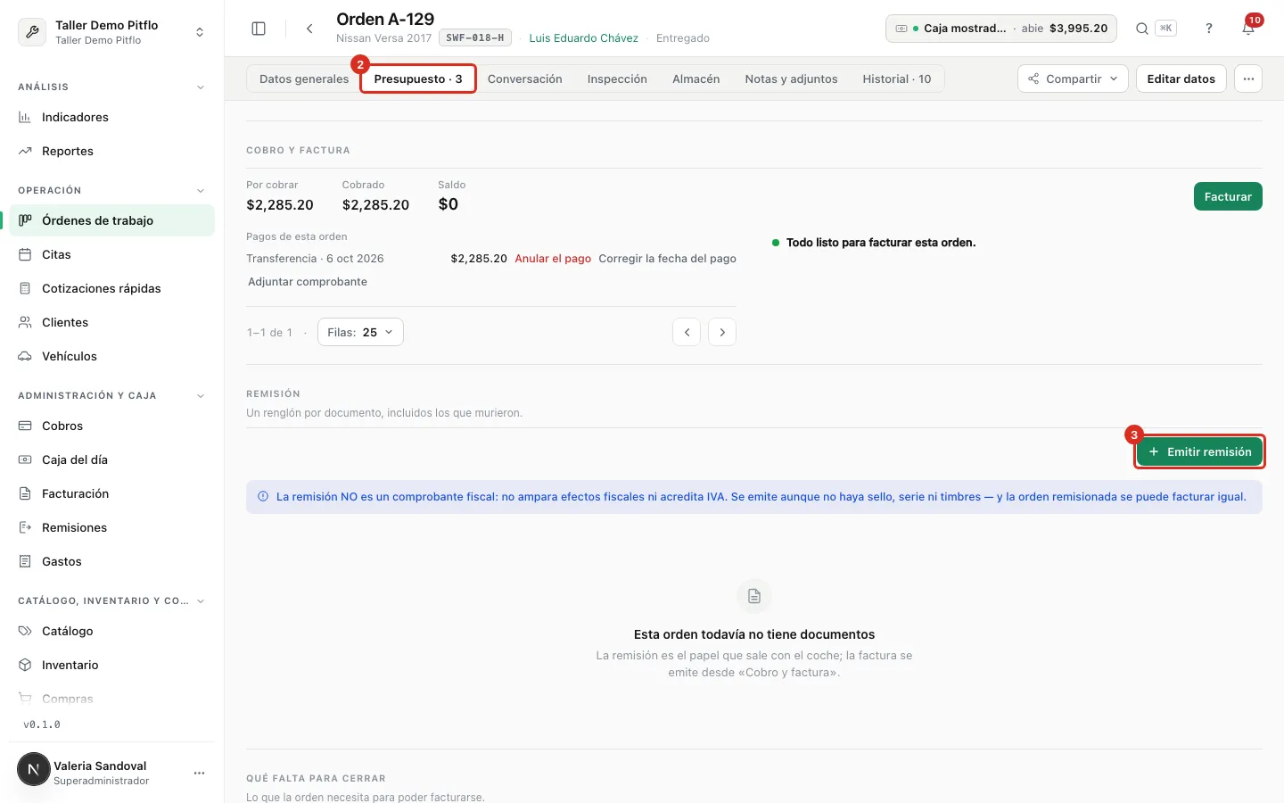 Bloque Remisión con el botón Emitir remisión