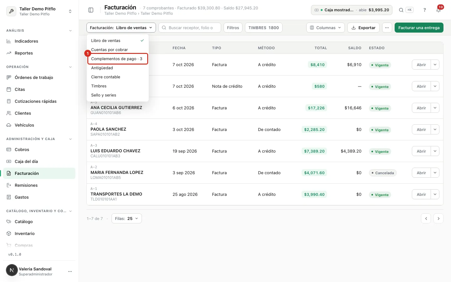 Complementos de pago en el selector de Facturación