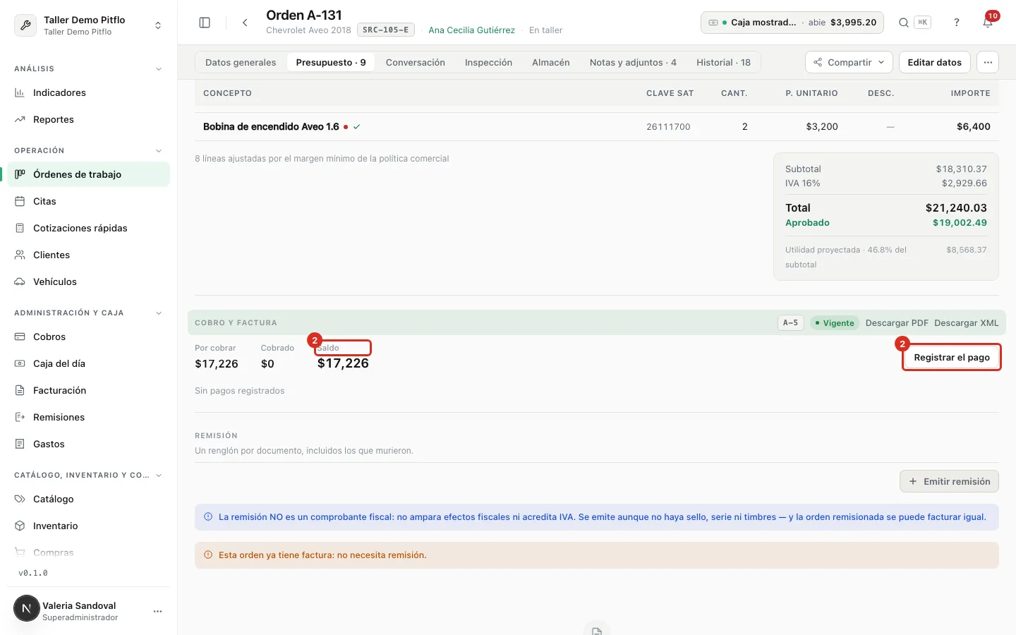Saldo de la orden y botón Registrar el pago