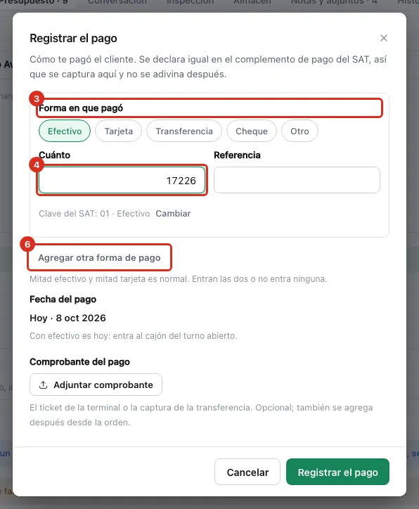 Diálogo Registrar el pago