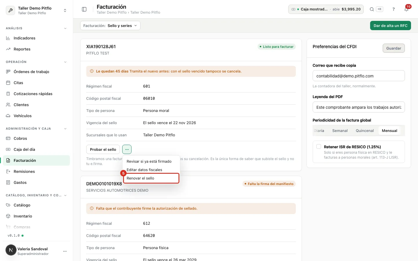 Menú de la tarjeta con Renovar el sello