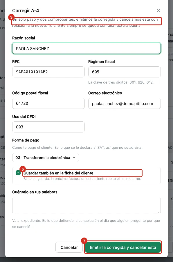 Diálogo para corregir la factura