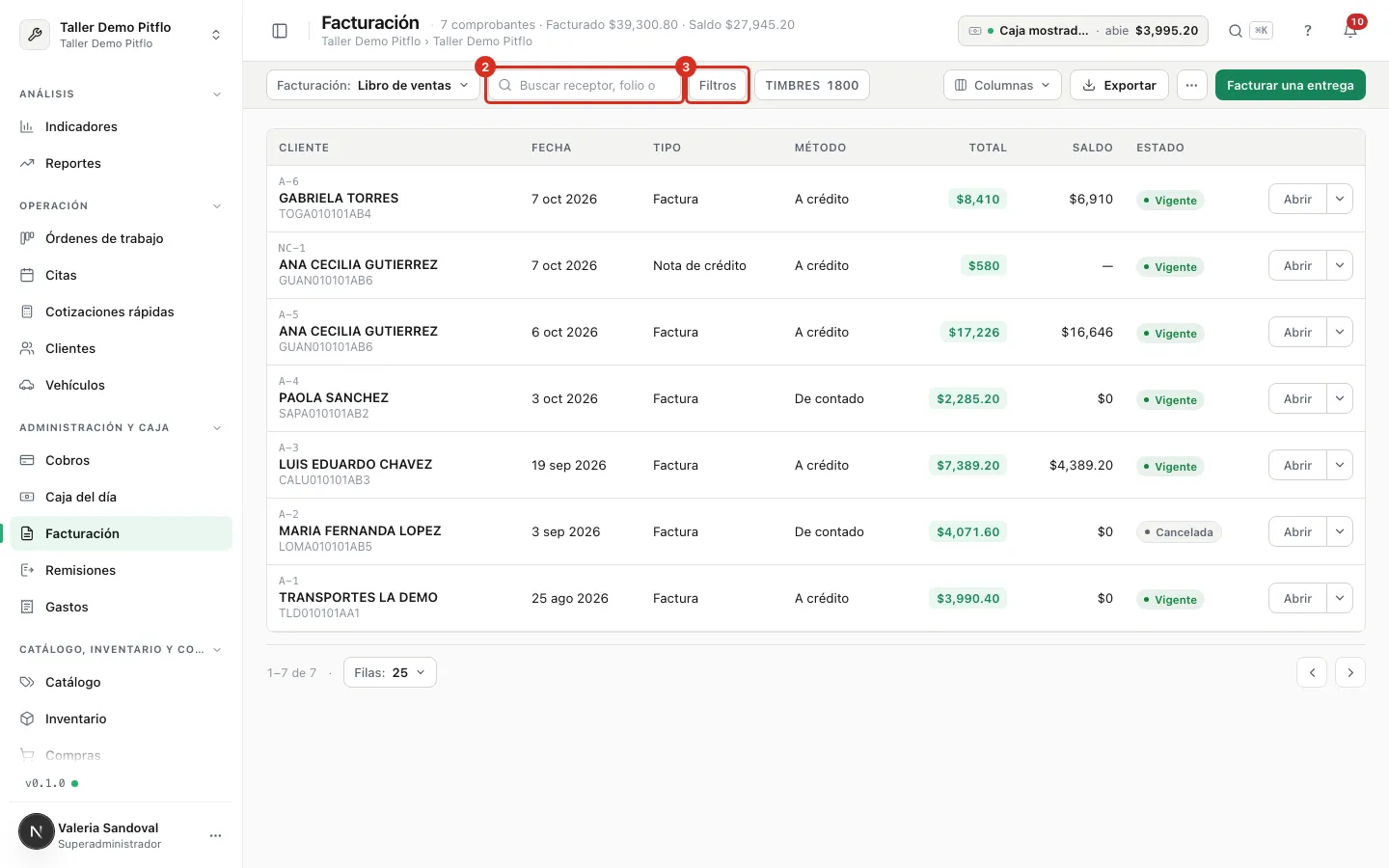 Buscador y botón Filtros del libro de ventas