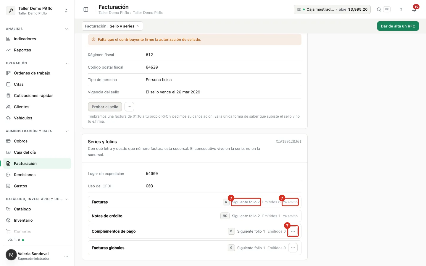 Series configuradas con su siguiente folio