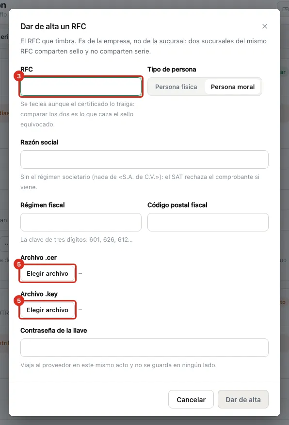Formulario para dar de alta un RFC