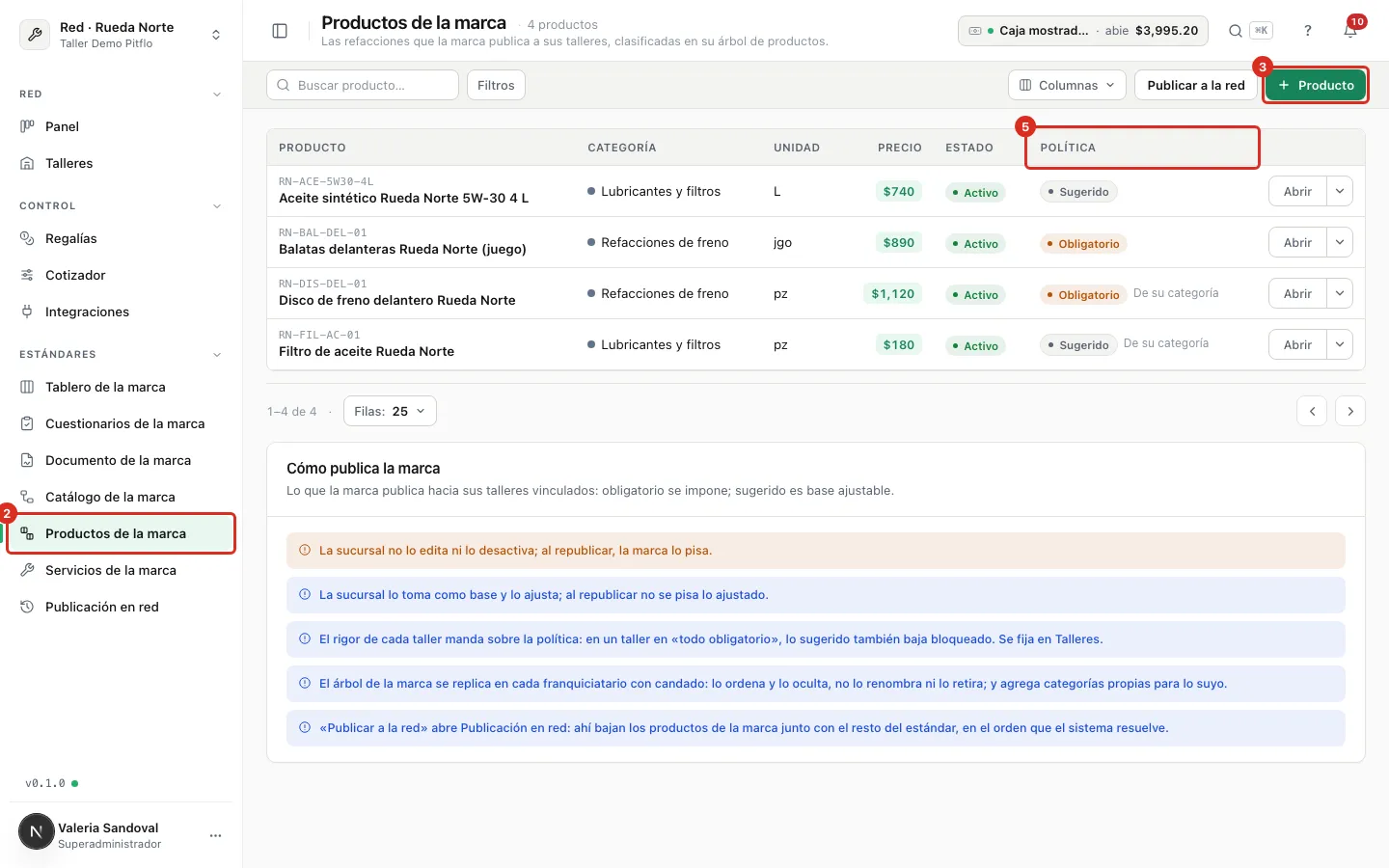La lista de productos de la marca con su columna Política