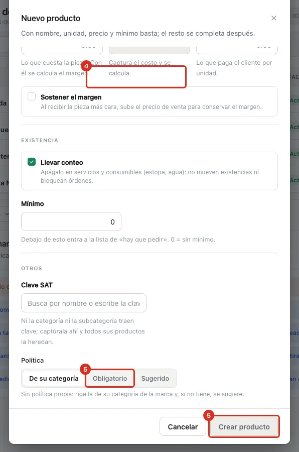 La ficha del producto con el selector de Política