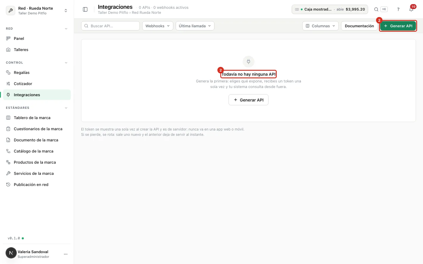 Integraciones de la red con el botón Generar API