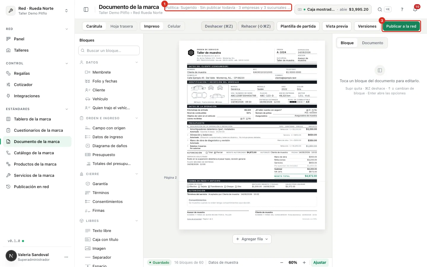 El documento de la marca con su política y Publicar a la red