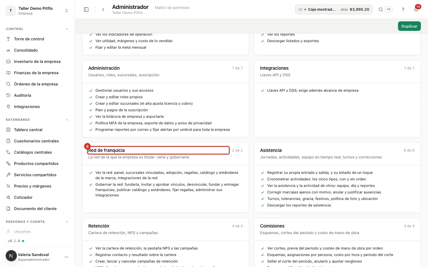 Módulo Red de franquicia en la matriz del rol