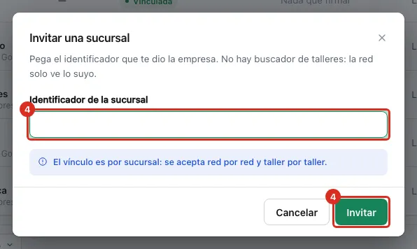 Ventana Invitar una sucursal