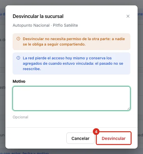Ventana Desvincular la sucursal con sus avisos