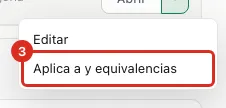 La opción Aplica a y equivalencias en el menú de la pieza