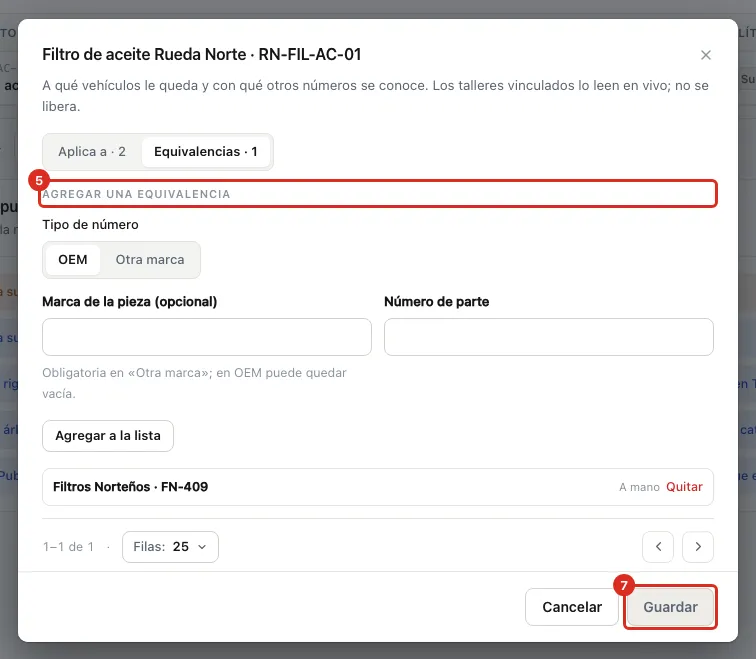 Agregar una equivalencia y guardar la ficha
