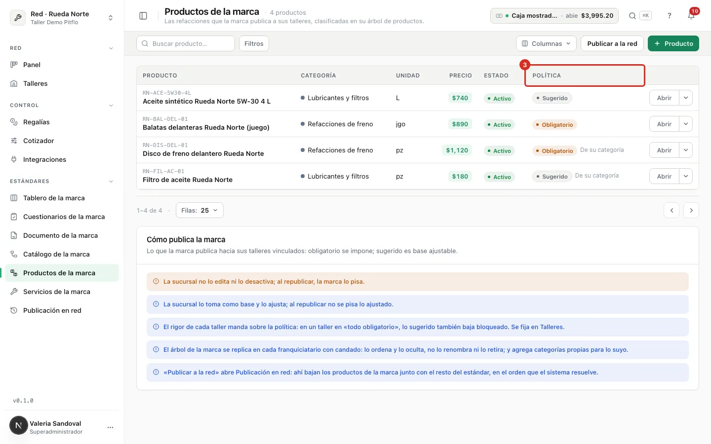 La lista de productos de la marca con la columna Política