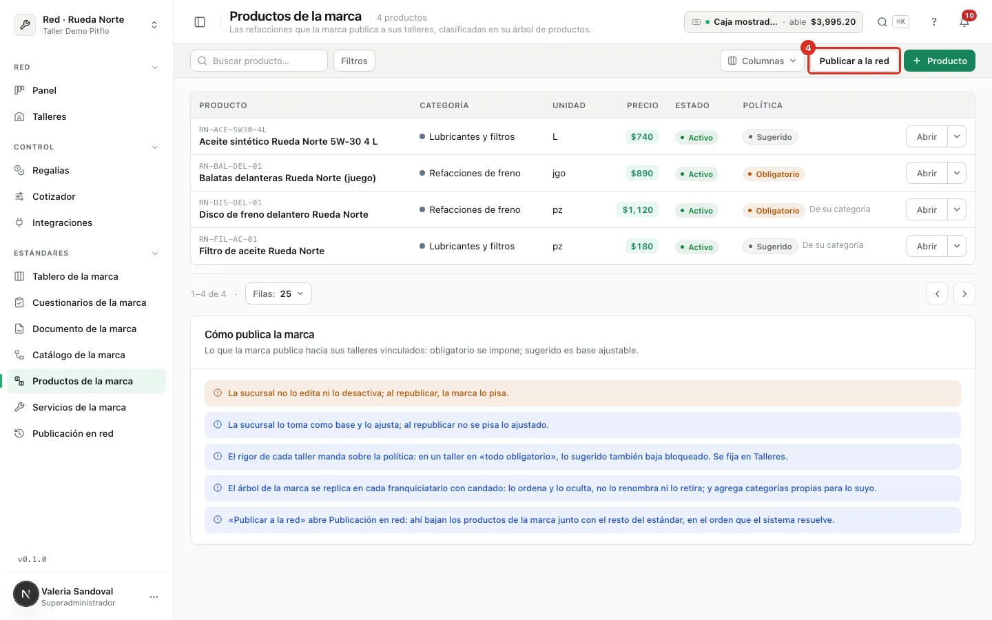 El botón Publicar a la red en la lista de productos de la marca