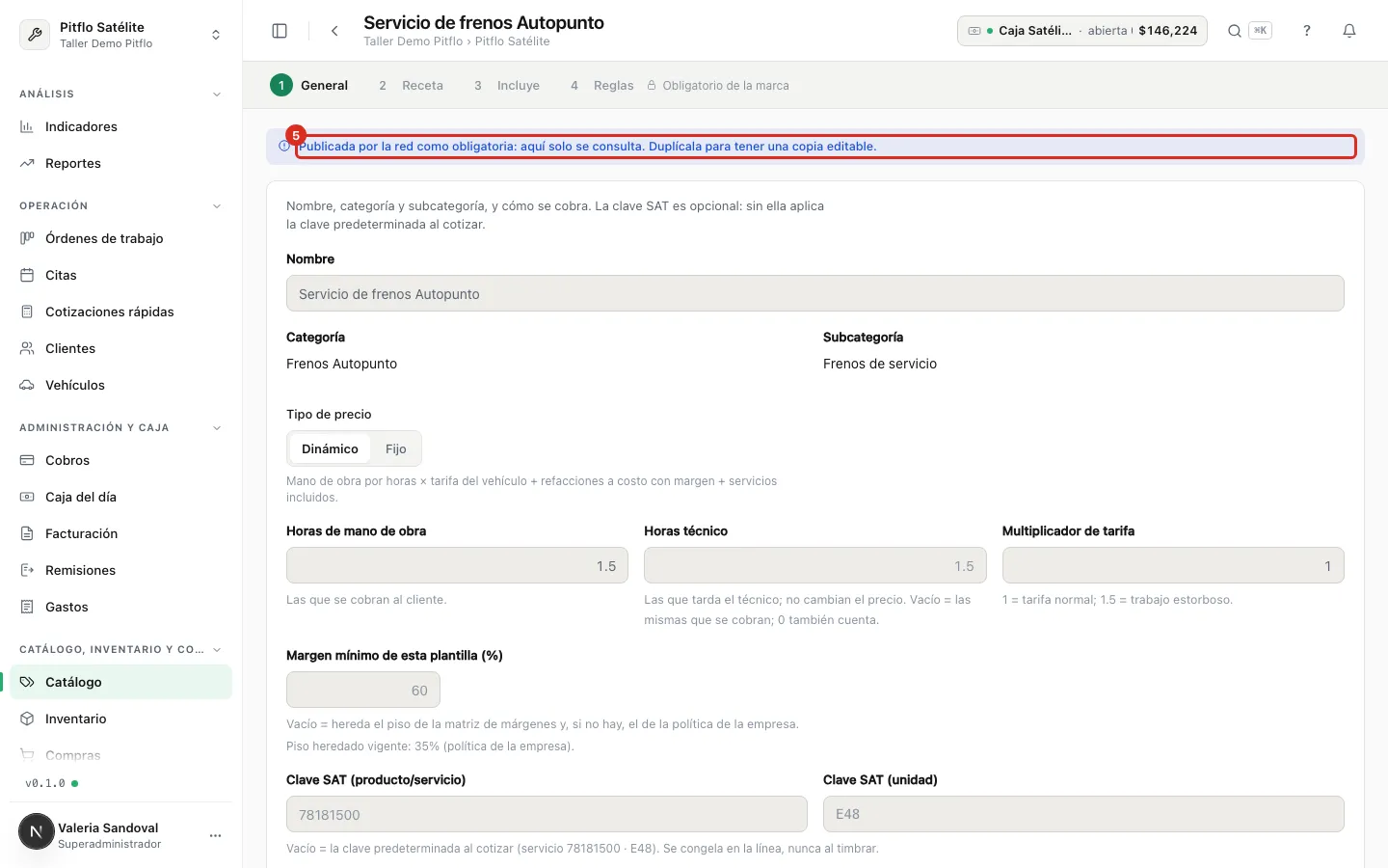Servicio obligatorio de la marca abierto en modo consulta