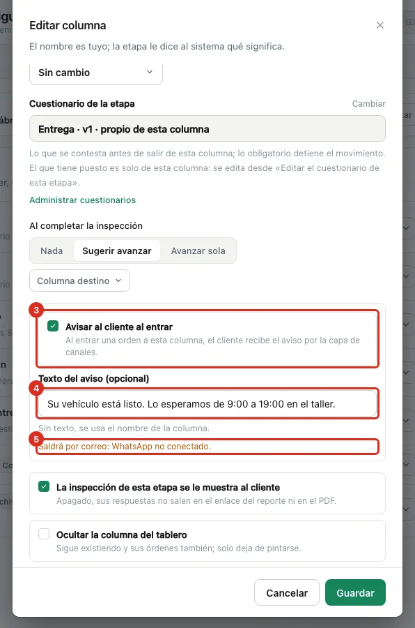 El aviso al cliente dentro de Editar columna